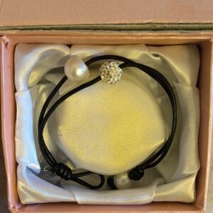 Black Cord Bracelet with Pearl and Crystal Pavé Bead